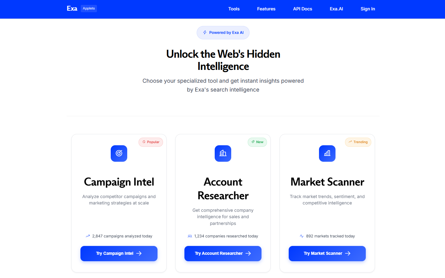 Exa.ai Applets Intelligence Tools interface